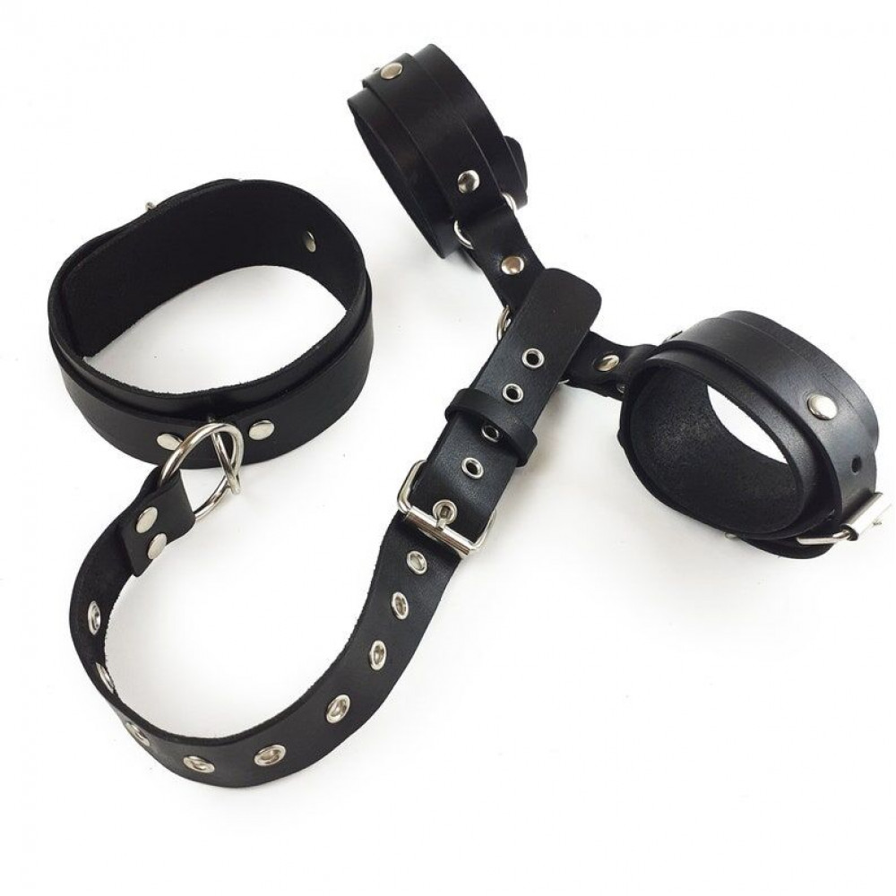 БДСМ наручники - Фиксаторы для шеи и рук Art of Sex - Bondage Set из натуральной кожи, цвет черный 2
