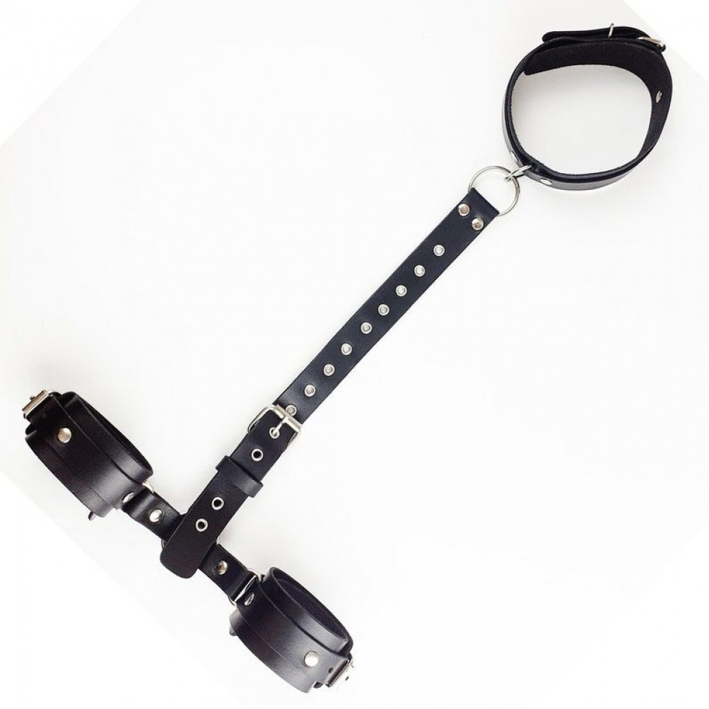 БДСМ наручники - Фиксаторы для шеи и рук Art of Sex - Bondage Set из натуральной кожи, цвет черный 4
