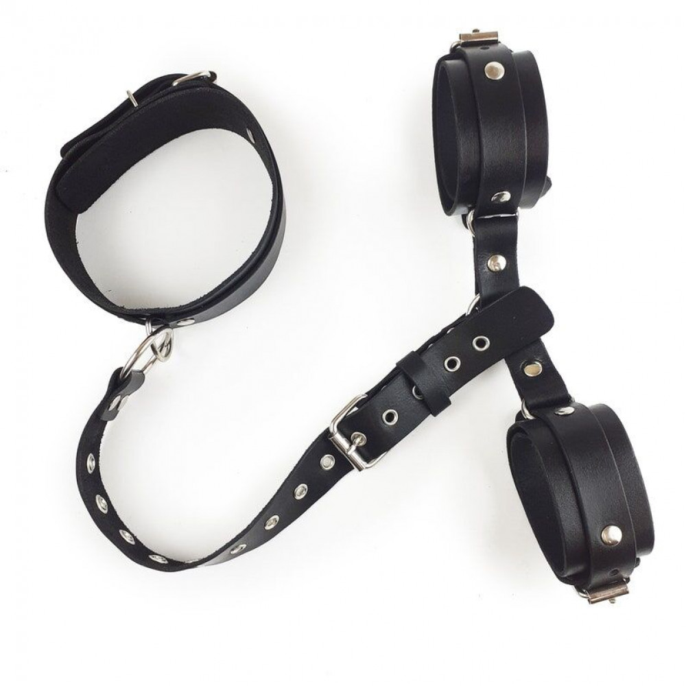 БДСМ наручники - Фиксаторы для шеи и рук Art of Sex - Bondage Set из натуральной кожи, цвет черный 1