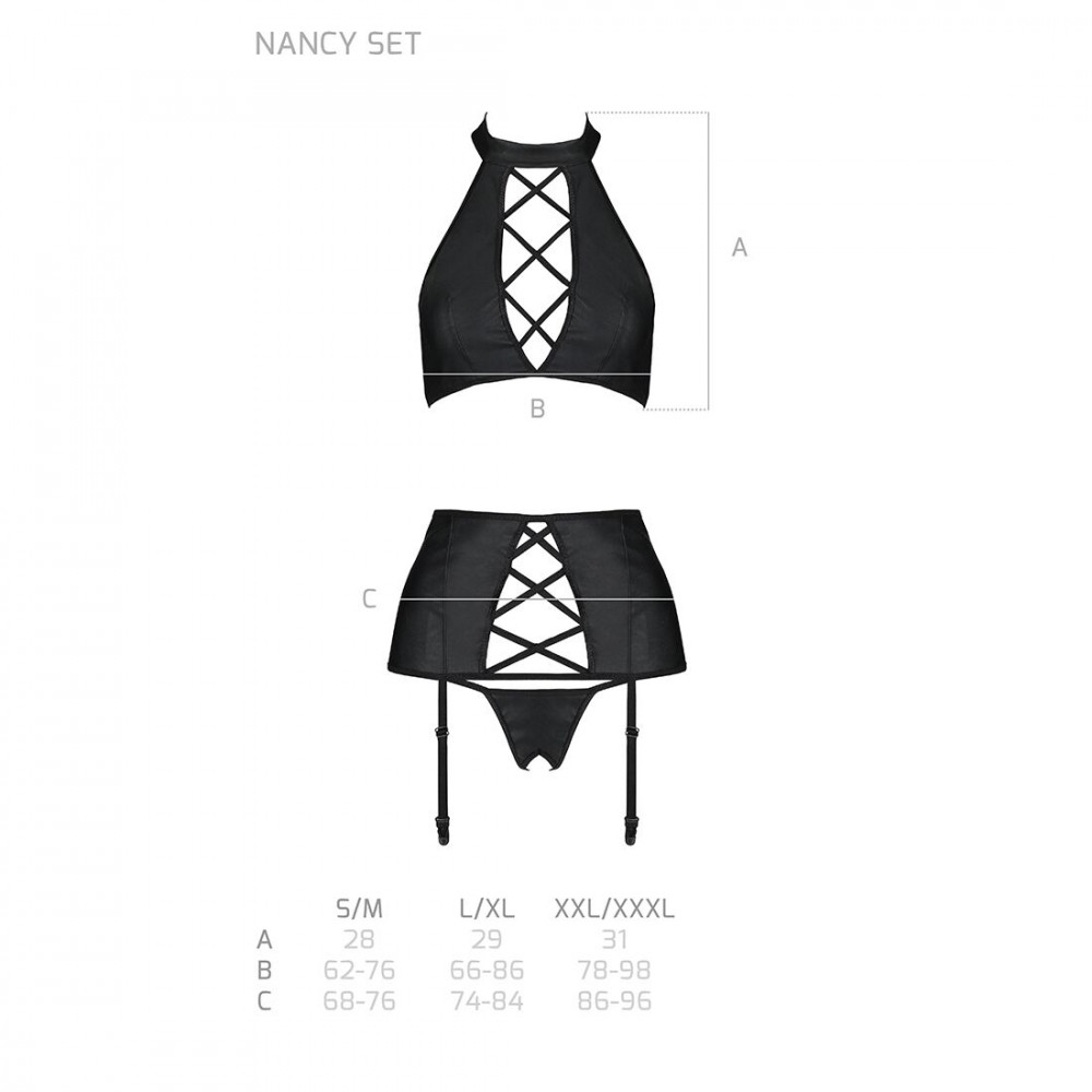 Эротические комплекты - Комплект из эко-кожи с имитацией шнуровки Nancy Set black L/XL - Passion топ, трусики и пояс для чул 1