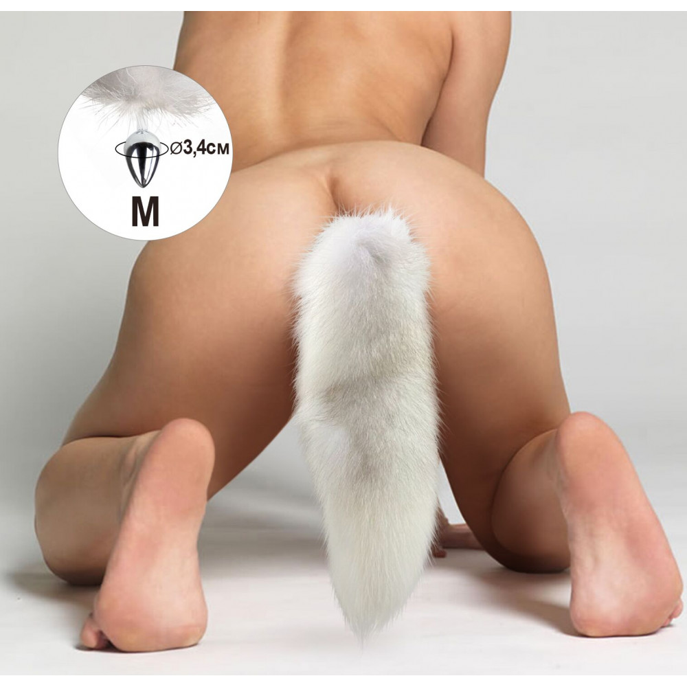 Анальный хвост - Металлическая анальная пробка с хвостом из натурального меха Art of Sex size M White fox 2