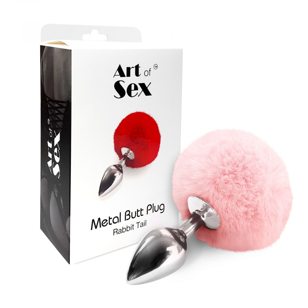 Анальный хвост - Металлическая анальная пробка М Art of Sex - Metal Butt plug Rabbit Tail, Нежно-розовый 1
