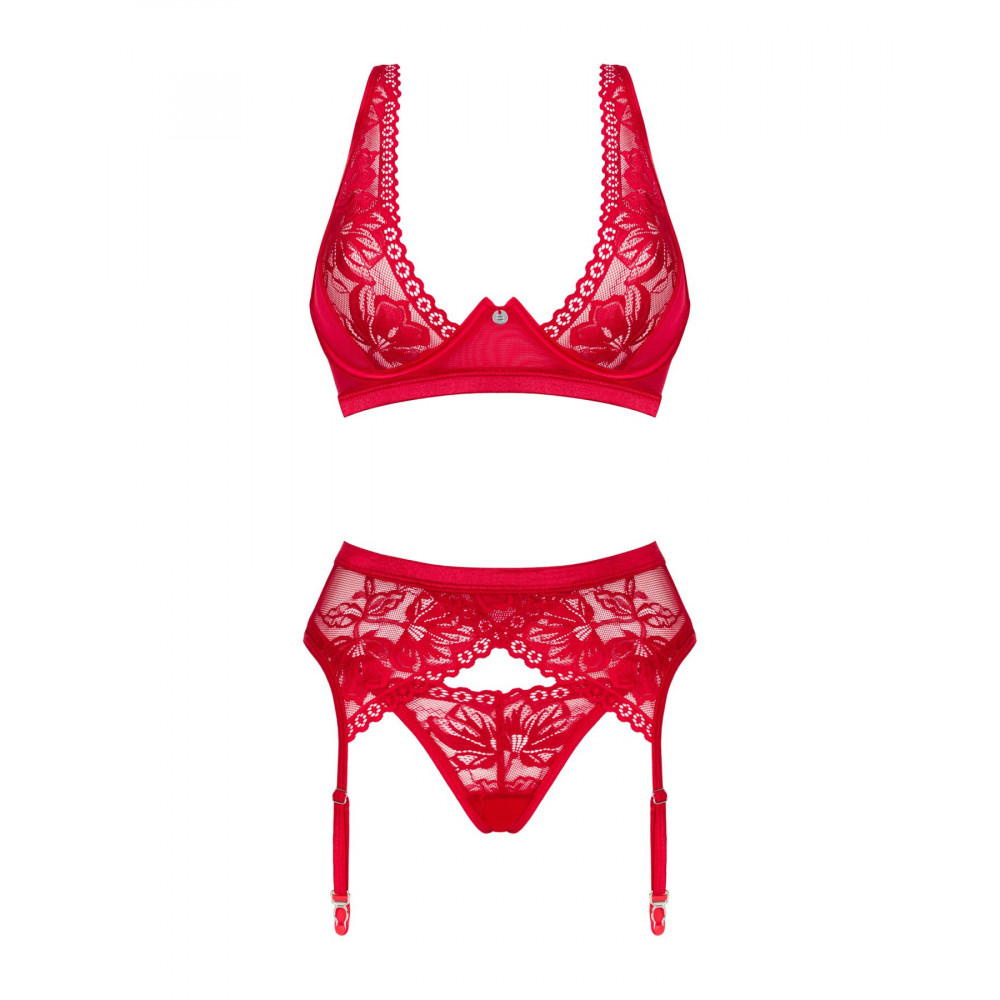 Эротические комплекты - Комплект белья Obsessive Lacelove cupless 3-pcs set M/L Red, бюстгальтер, стринги, пояс для чулок 5