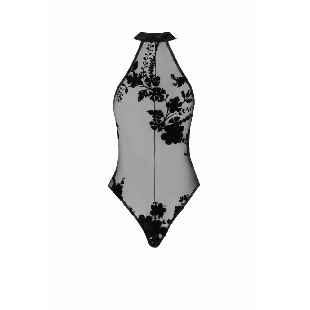 Эротическое боди - Боди Noir Handmade F314 Ego flocked mesh halter bodysuit - L 4