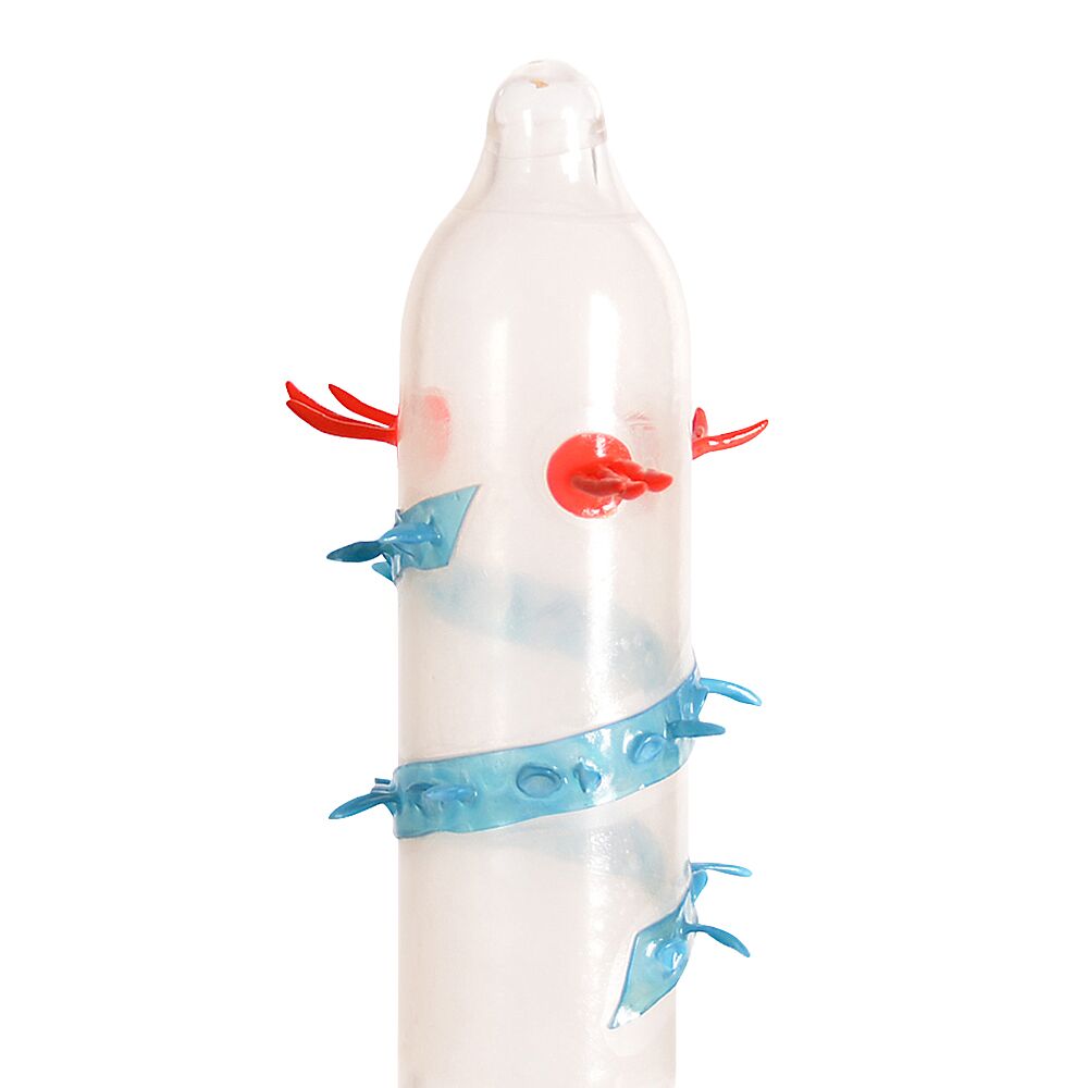 Ерегційні кільця без вібрації - Насадка на член Recare Blue Monster Spike Condom (презерватив з вусиками та спіраллю шипів) 1