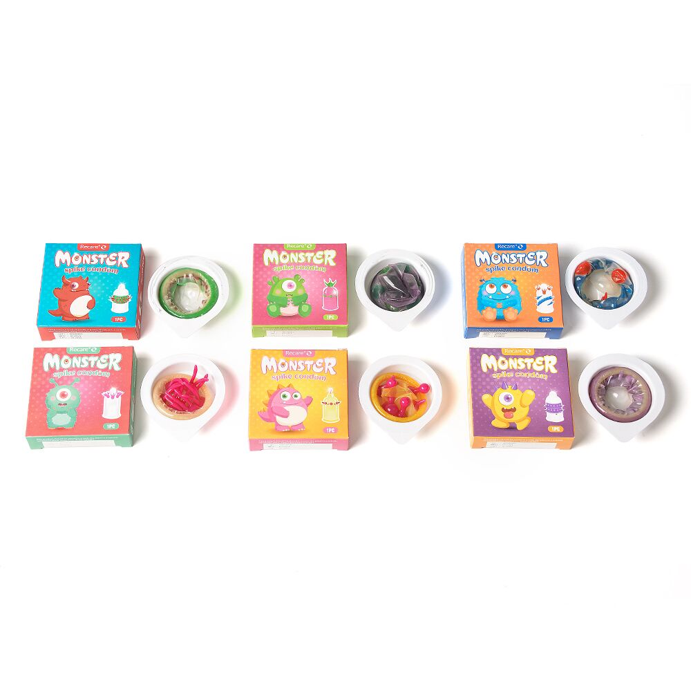 Ерегційні кільця без вібрації - Насадка на член Recare Blue Monster Spike Condom (презерватив з вусиками та спіраллю шипів) 5