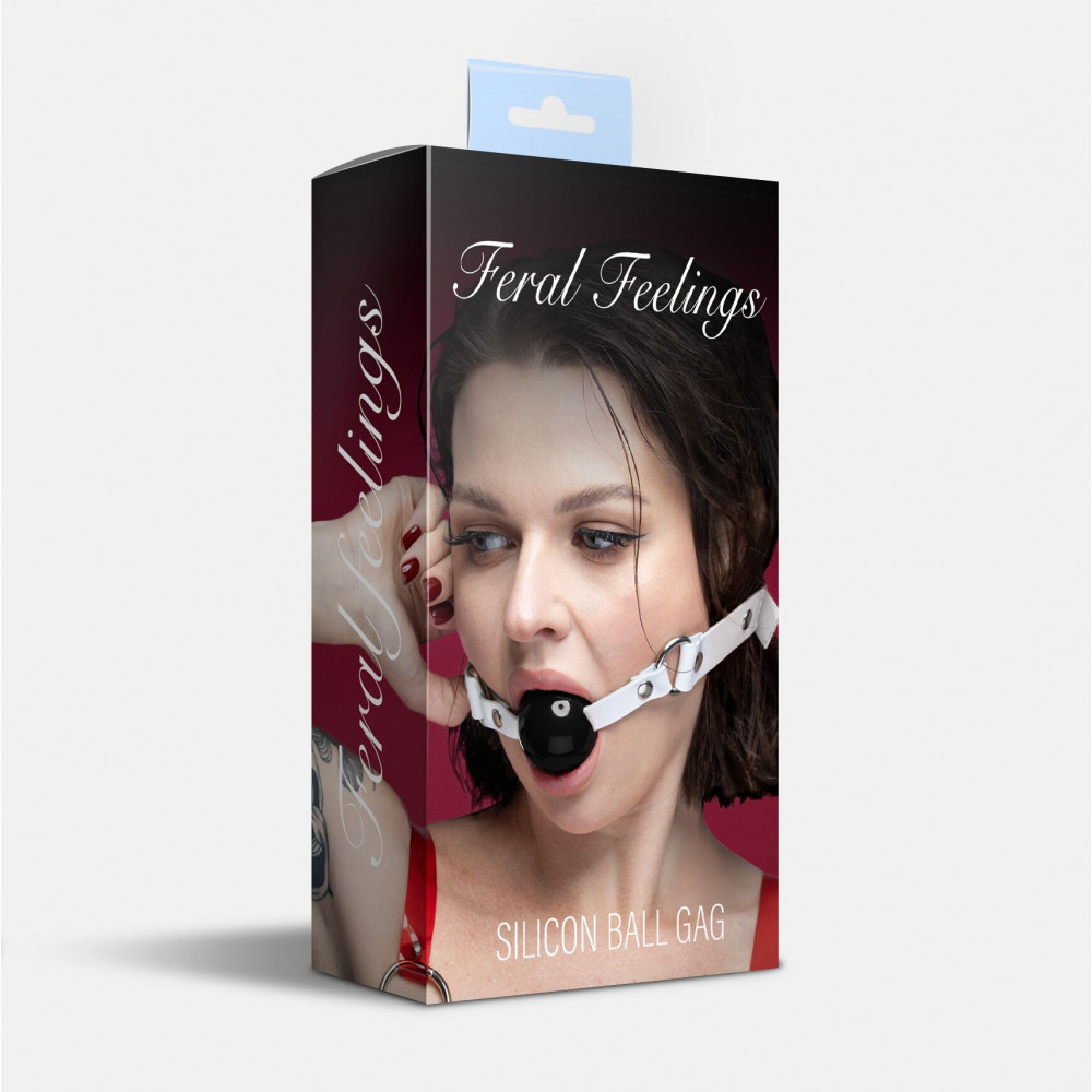 Пов'язки на очі, кляпи, затискачі - Кляп силіконовий Feral Feelings Silicon Ball Gag White/Black, білий ремінець, чорна кулька 2