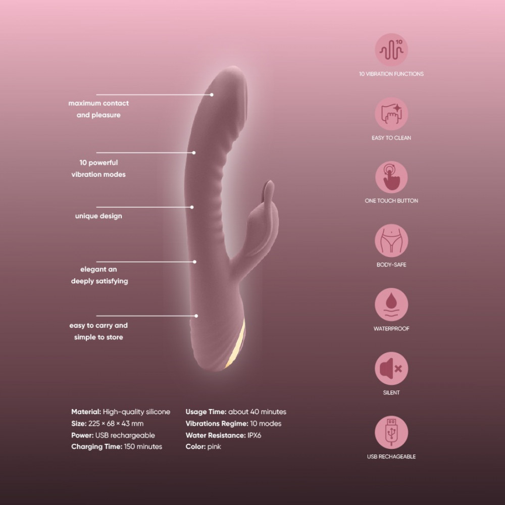 Вибратор-кролик - Вибратор-кролик рельефный Sweet Em Velvet Lure 10 режимов вибрации и 5 режимов колебаний, розовый 17