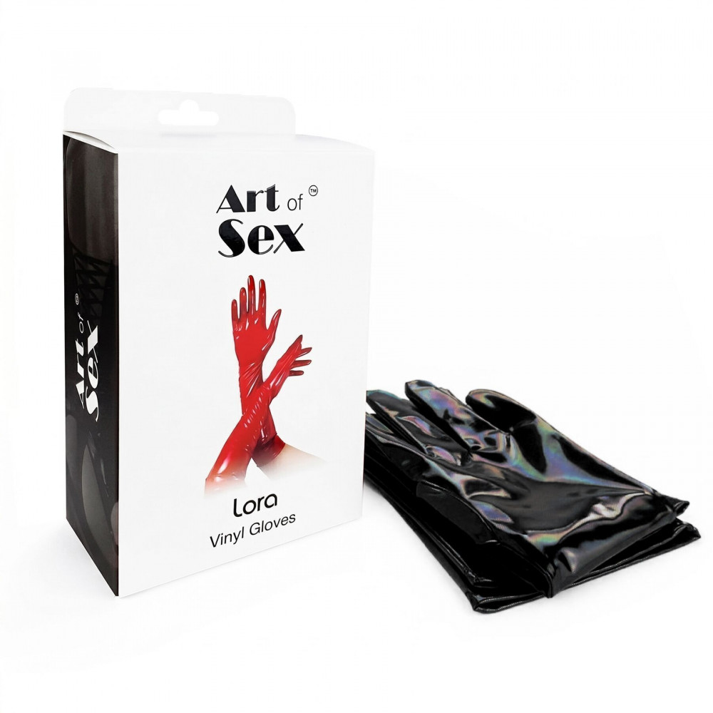 - Глянсові вінілові рукавички Art of Sex - Lora, розмір M, колір чорний з ефектом голограми 3