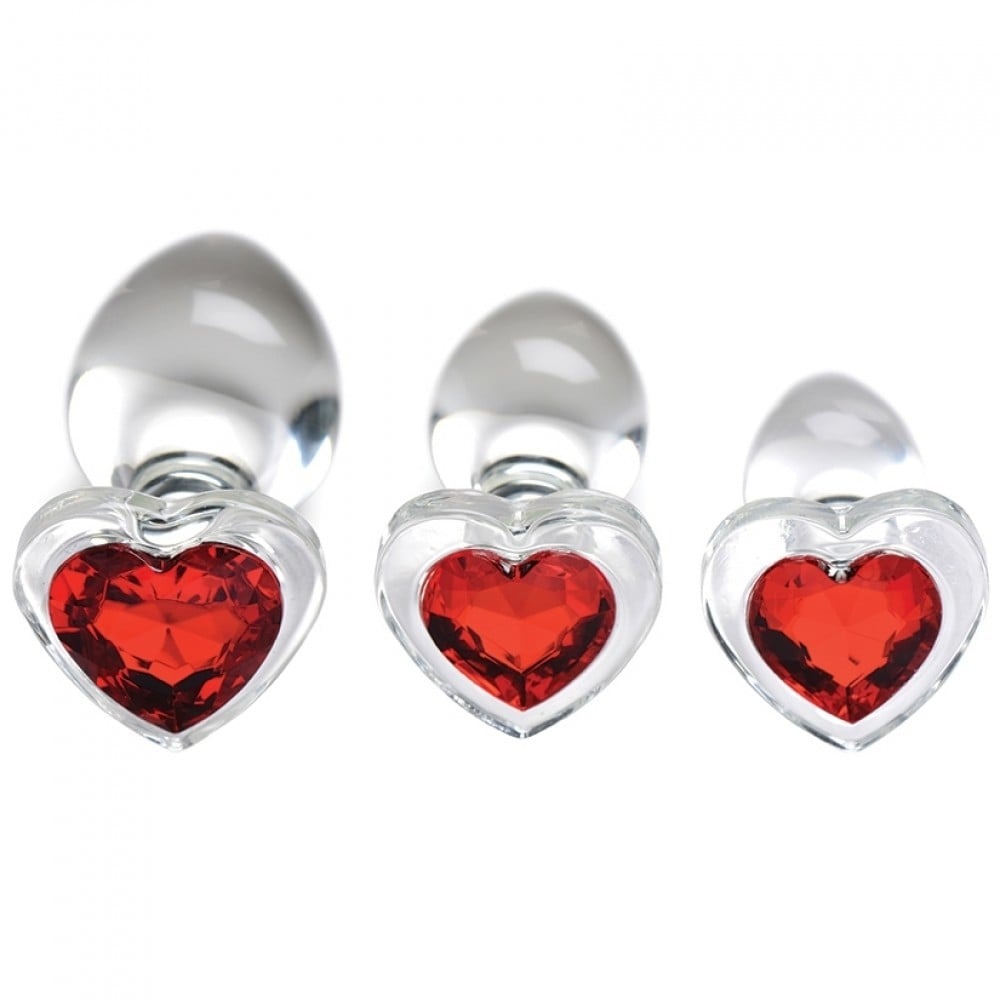 Анальная пробка - Набор анальных пробок с красным стоппером-камнем в форме сердца, прозрачный 2