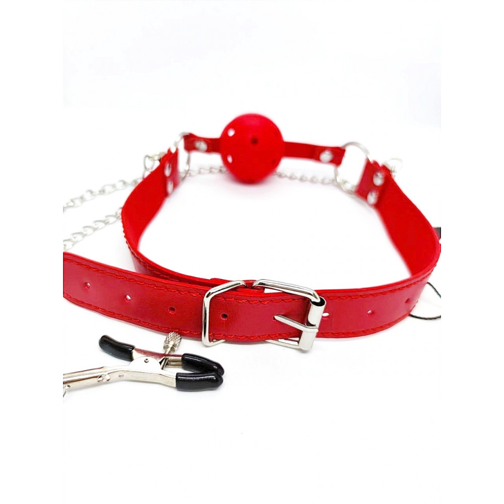 Разное - Кляп DS Fetish Ball gag with nipple clamps red 3