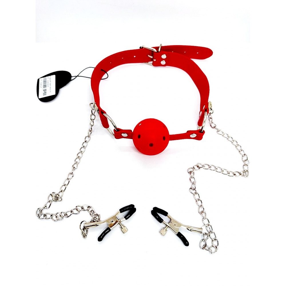 Разное - Кляп DS Fetish Ball gag with nipple clamps red 1