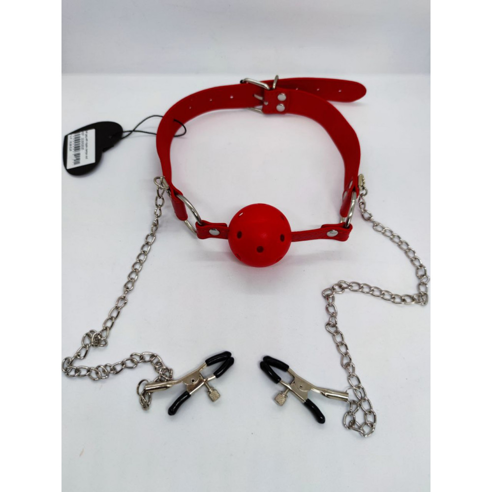БДСМ игрушки - Кляп DS Fetish Ball gag with nipple clamps red 3