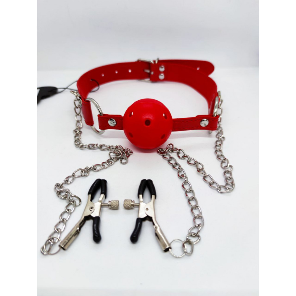 БДСМ игрушки - Кляп DS Fetish Ball gag with nipple clamps red