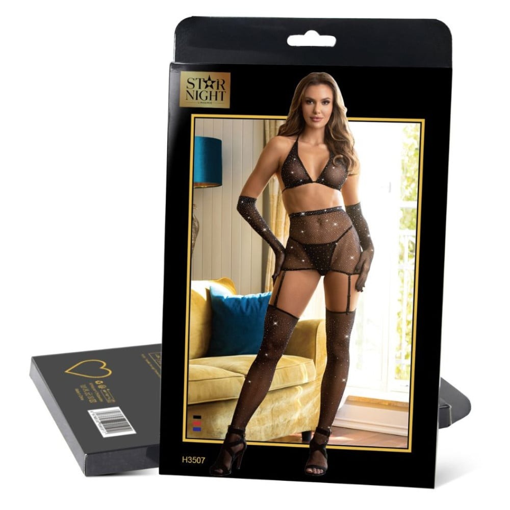 Різне - Комплект білизни в сіточку Star Night зі стразами та рукавичками, чорний XS-M 3