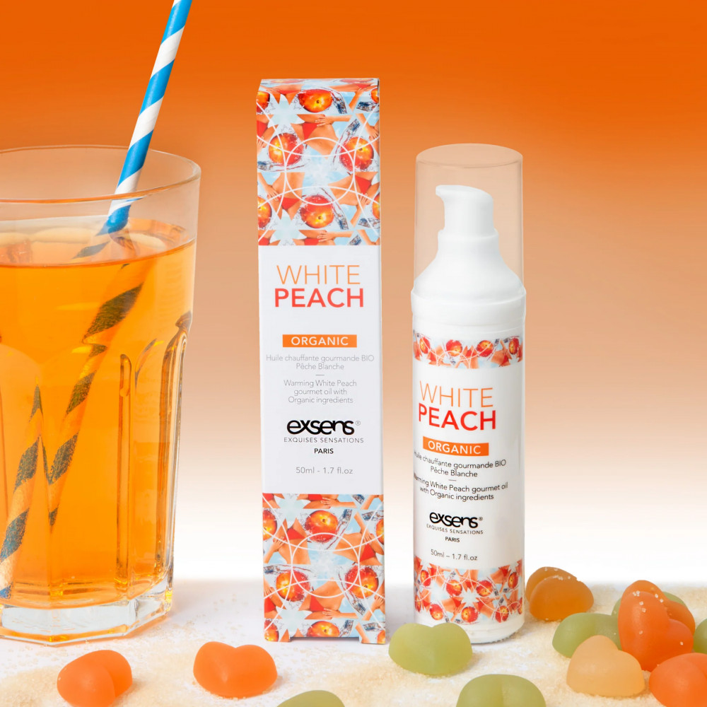 Для массажа - Массажное масло EXSENS Organic White Peach 50 мл разогревающее, без сахара, без парабенов, съедобное 3