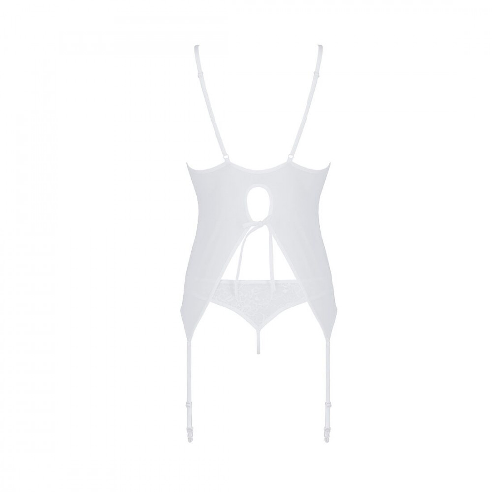 Эротические корсеты - Корсет с пажами, трусики с ажурным декором и открытым шагом Ursula Corset white L/XL — Passion 2
