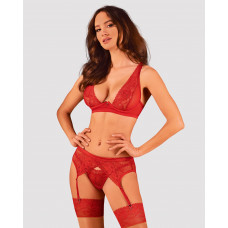 Комплект белья Obsessive Lacelove cupless 3-pcs set XL/2XL Red, бюстгальтер, стринги, пояс для чулок