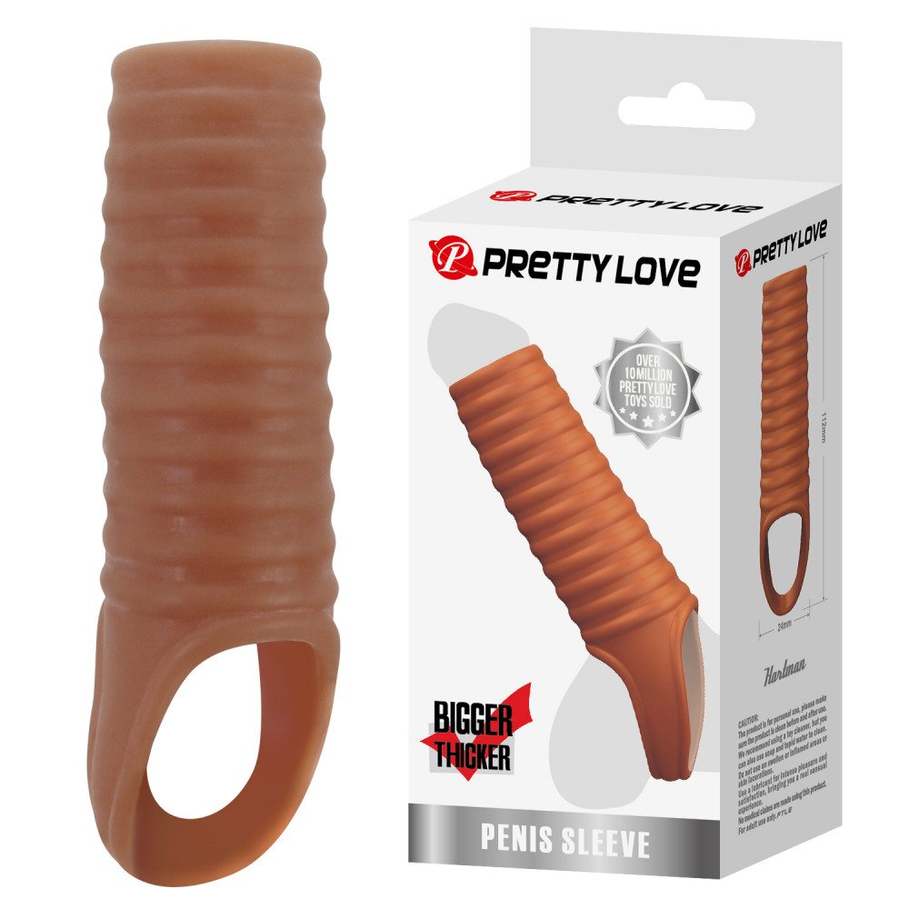 Эрекционные кольца без вибрации - Стимулирующая насадка на пенис PRETTY LOVE Hartman ребристая, 11.2 х 2.4 см
