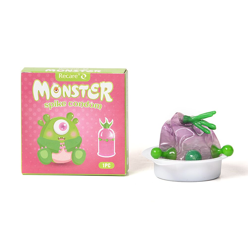 Ерегційні кільця без вібрації - Насадка на член Recare Green Monster Spike Condom (презерватив з рядом кульок і вусиками на кінчику)