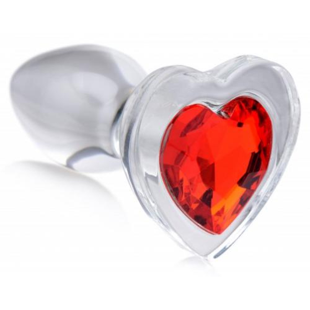 Анальная пробка - Анальная пробка с красным камнем XR Brands в форме сердца, стеклянная, прозрачная