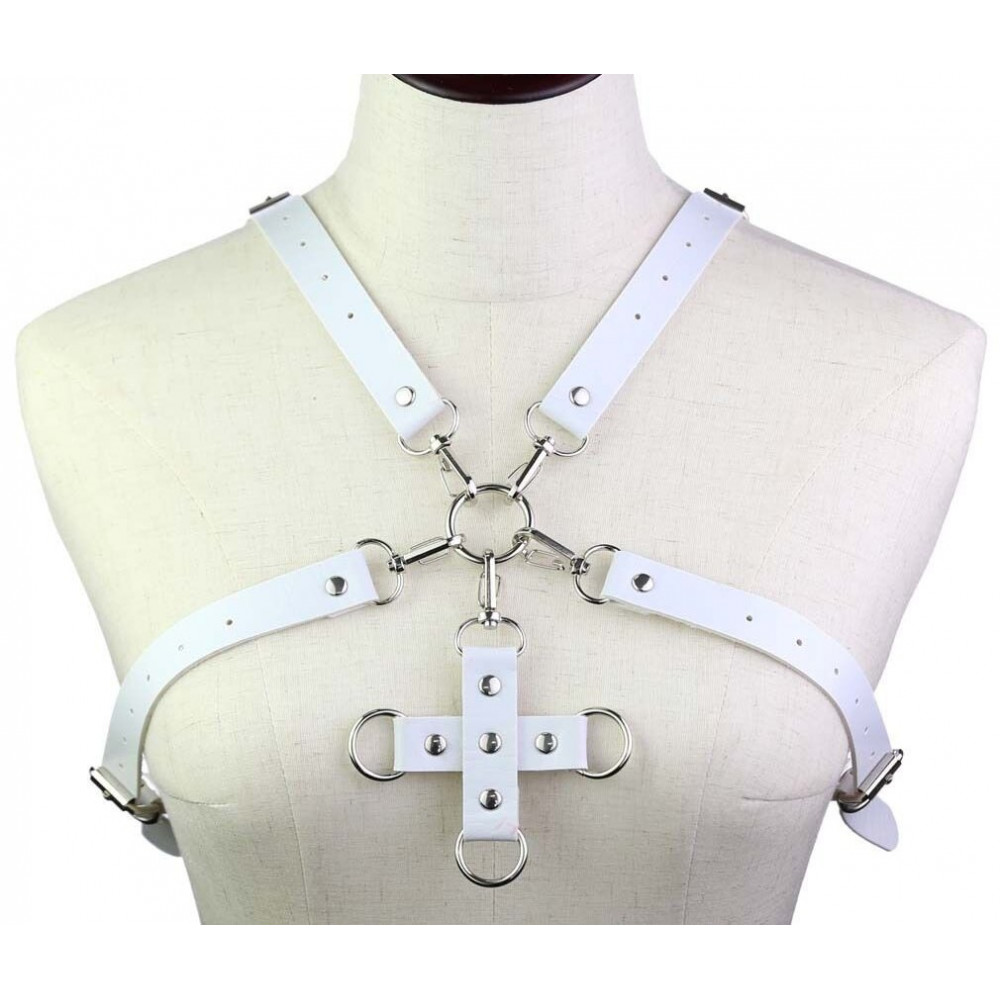 Электростимуляторы - Портупея из искусственной кожи с фиксатором Women's PU Leather Chest Harness Caged Bra WHITE