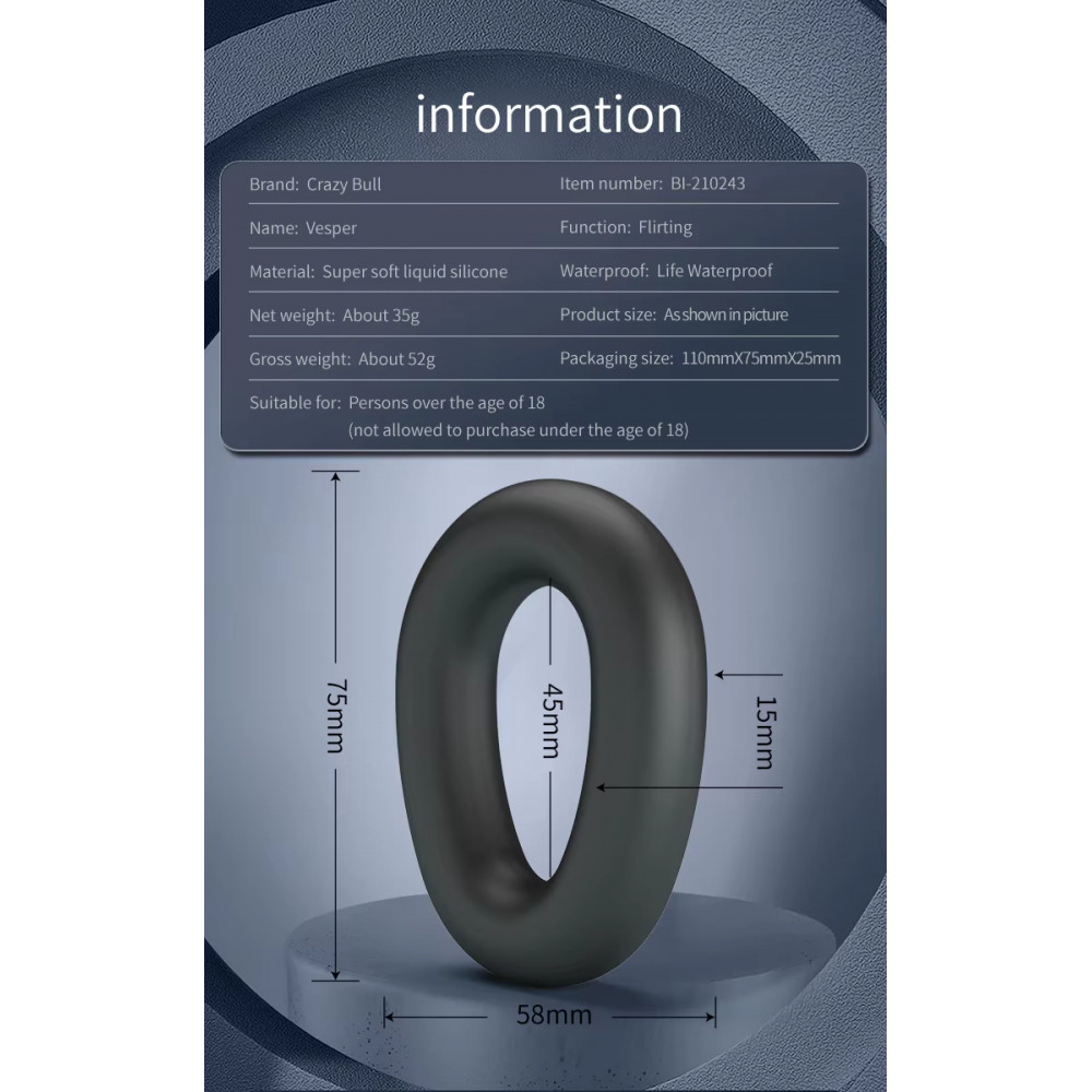  - Ерекційне кільце Crazy Bull - Vesper Silicone Cock Ring, BI-210243 4