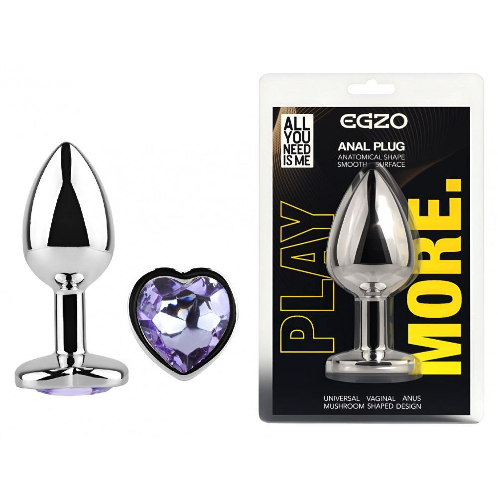  - Анальная пробка с кристаллом EGZO - Silver Heart Plug Amethyst size M