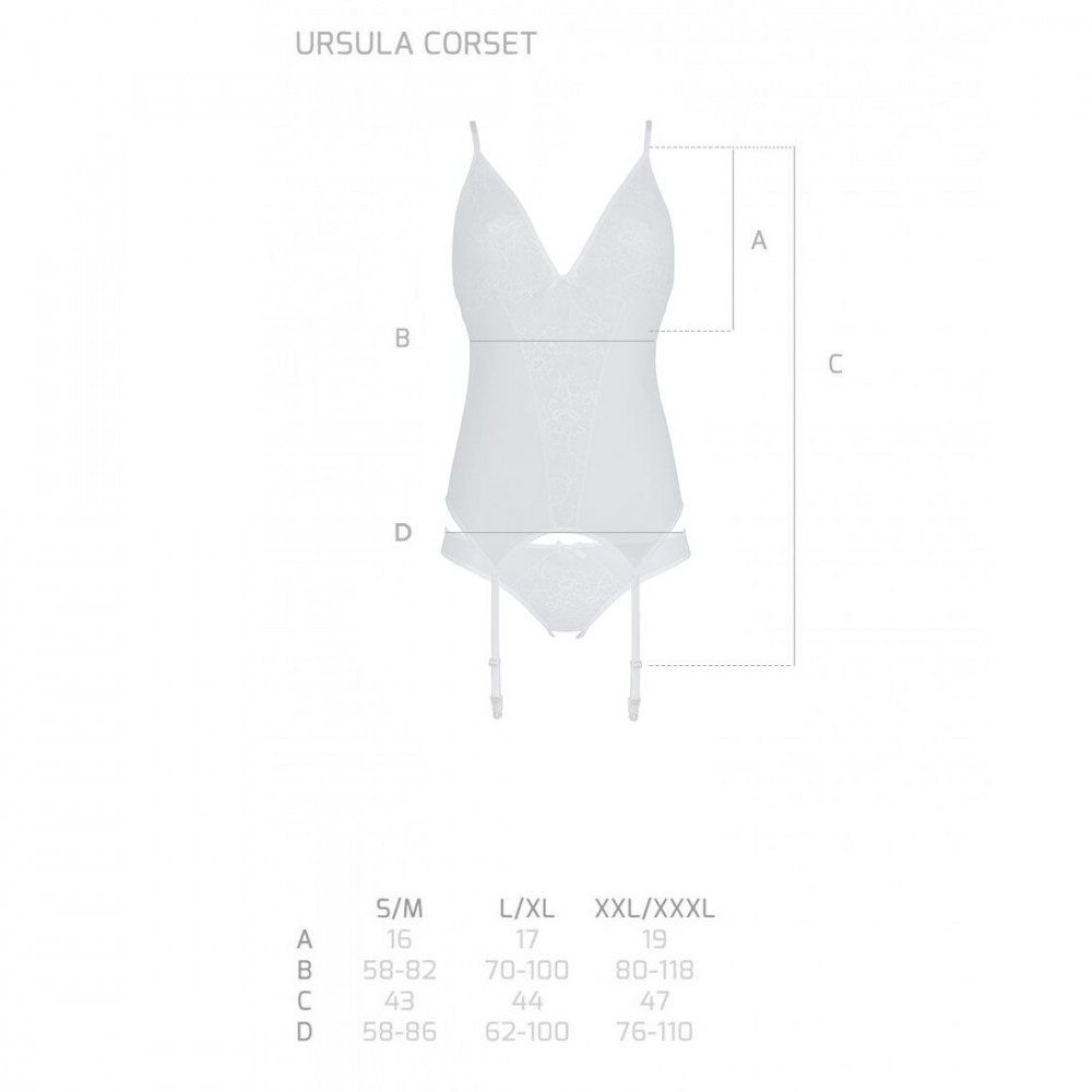 Эротические корсеты - Корсет с пажами, трусики с ажурным декором и открытым шагом Ursula Corset white S/M — Passion 1