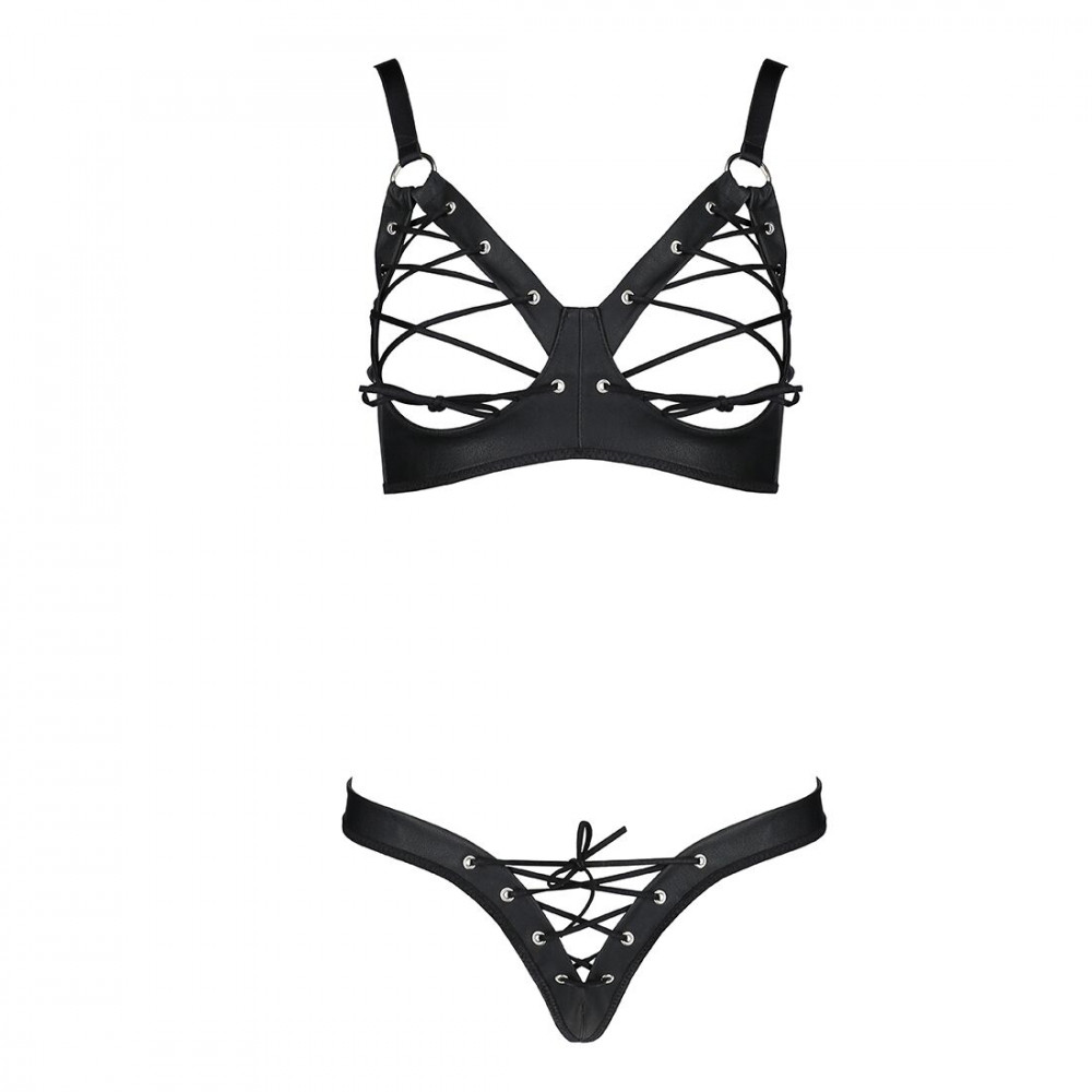 Эротические комплекты - Комплект из экокожи Celine Bikini black L/XL — Passion: открытый бра с лентами, стринги со шнуровкой 3