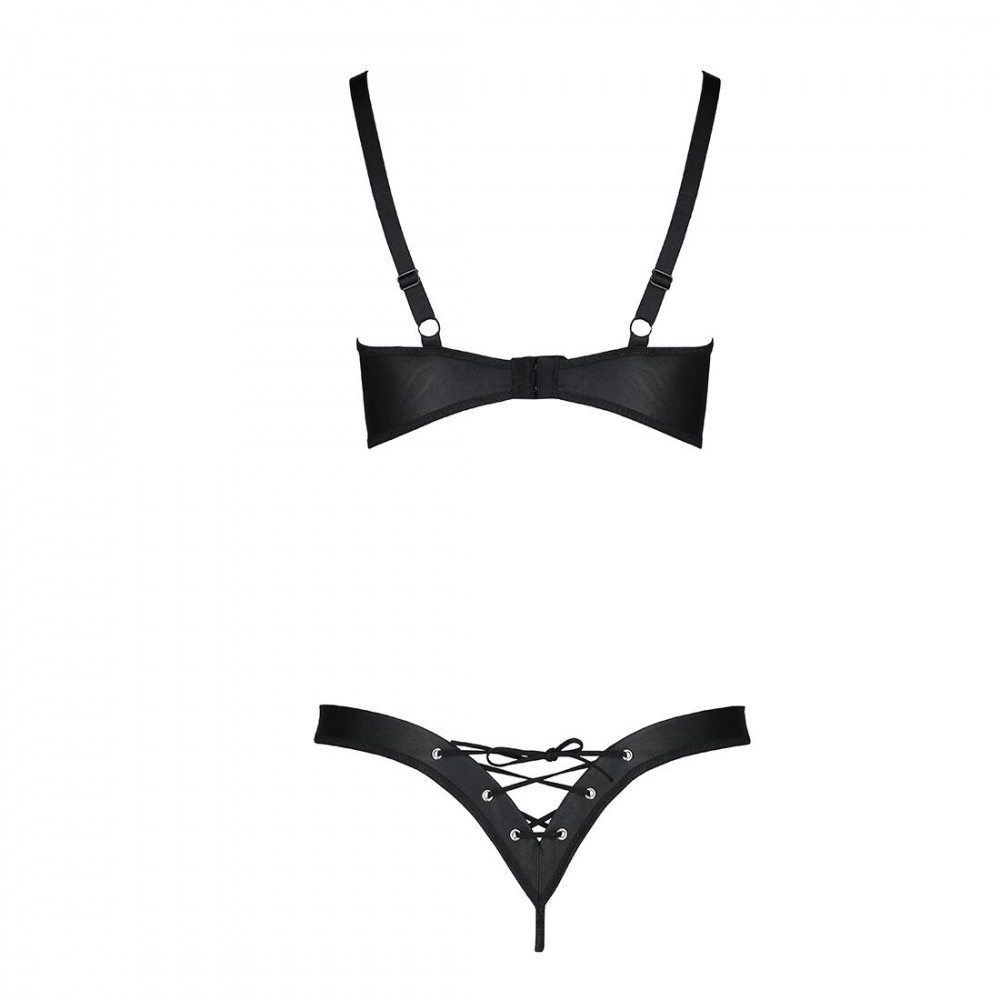 Эротические комплекты - Комплект из экокожи Celine Bikini black L/XL — Passion: открытый бра с лентами, стринги со шнуровкой 2