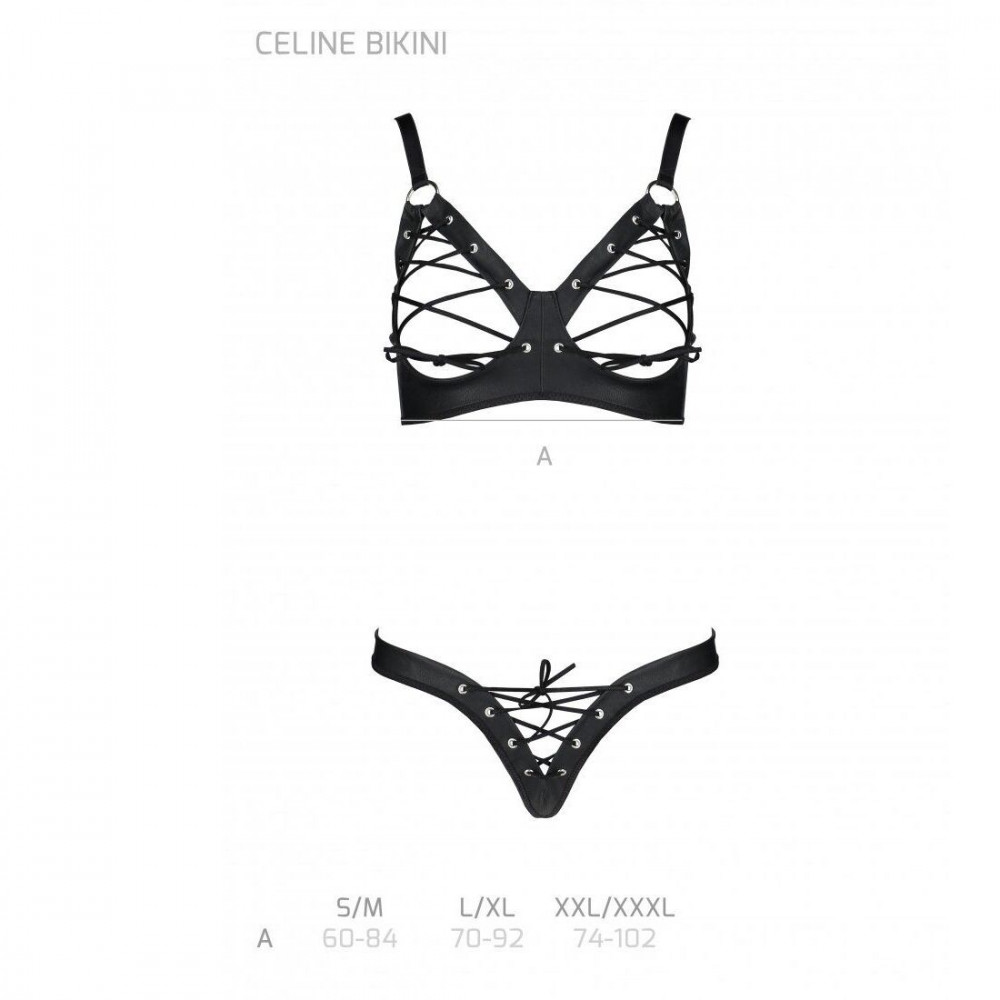 Эротические комплекты - Комплект из экокожи Celine Bikini black L/XL — Passion: открытый бра с лентами, стринги со шнуровкой 1