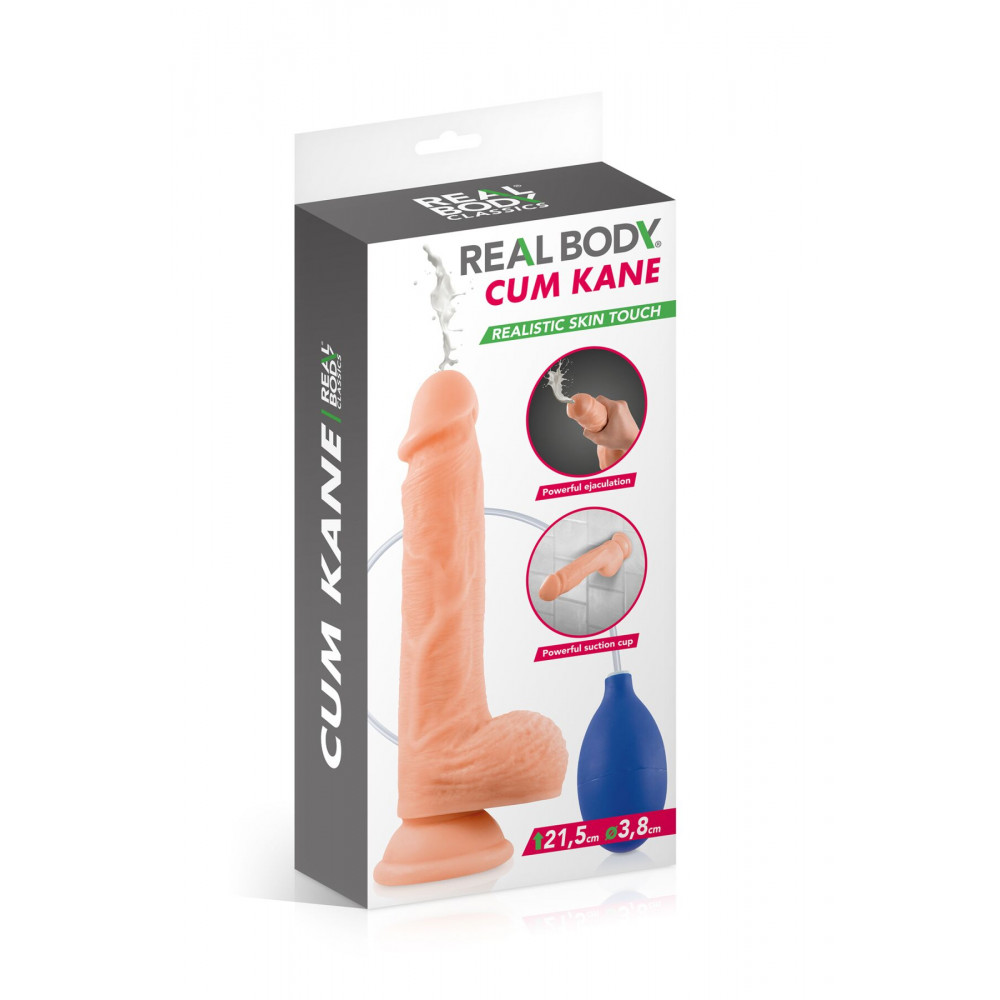 Фаллоимитатор - Кончающий фаллоимитатор Real Body — Cum Kane, длина 21,5 см, диам. 3,8 см, ТРЕ, присоска 1