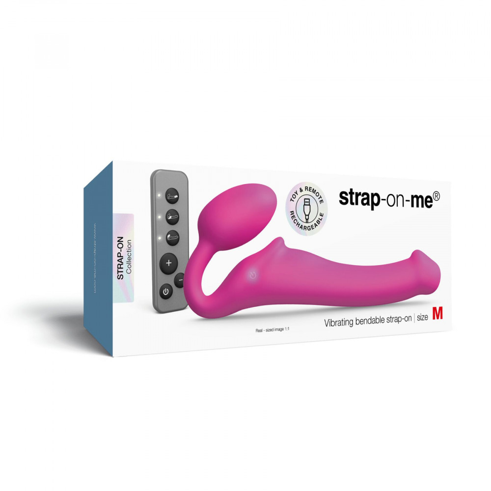 Страпони - Безремінний страпон з вібрацією Strap-On-Me Vibrating Fuchsia M, діаметр 3,8 см, пульт ДК, регульований 5