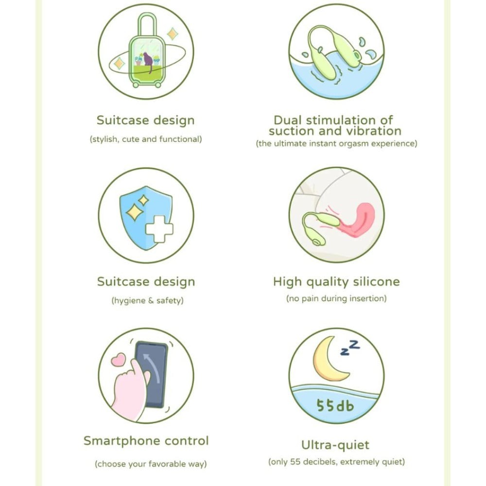Різне - Віброяйце та вакуумний стимулятор для клітора 2в1 BeYourLover Magic Suitcase в зарядному кейсі, зелений 3