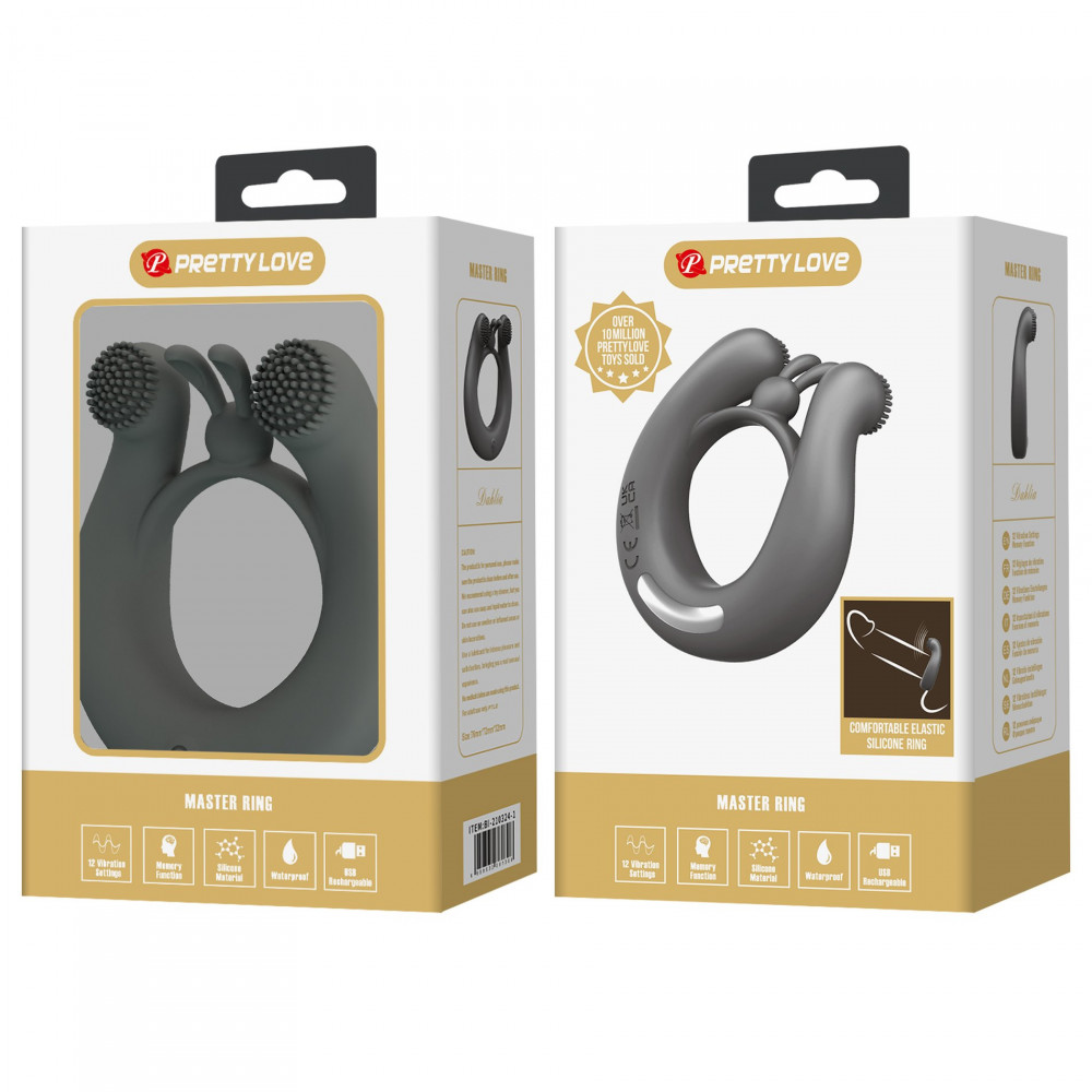 Эрекционные кольца с вибрацией - Виброкольцо со стимулирующими выступами Pretty Love Dahlia и ушками, серое 10