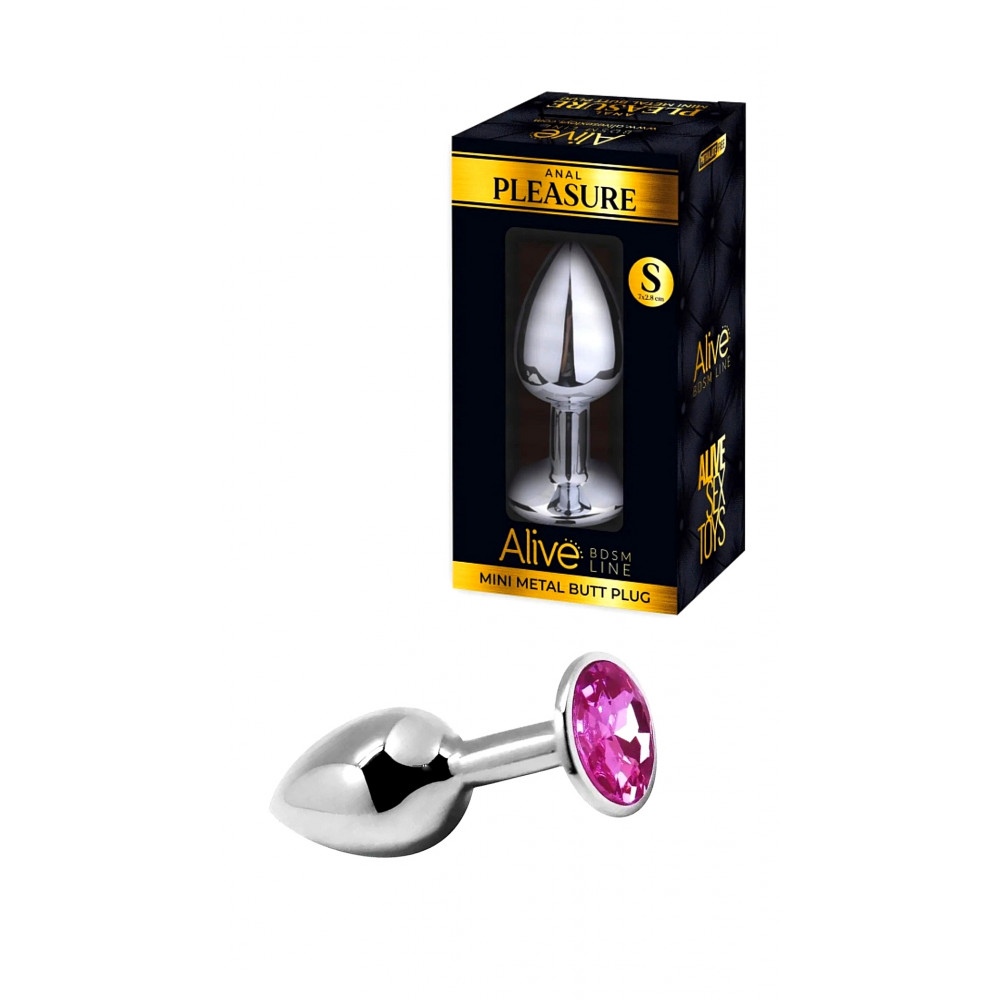  - Анальна металева пробка Alive з рожевим каменем, S
