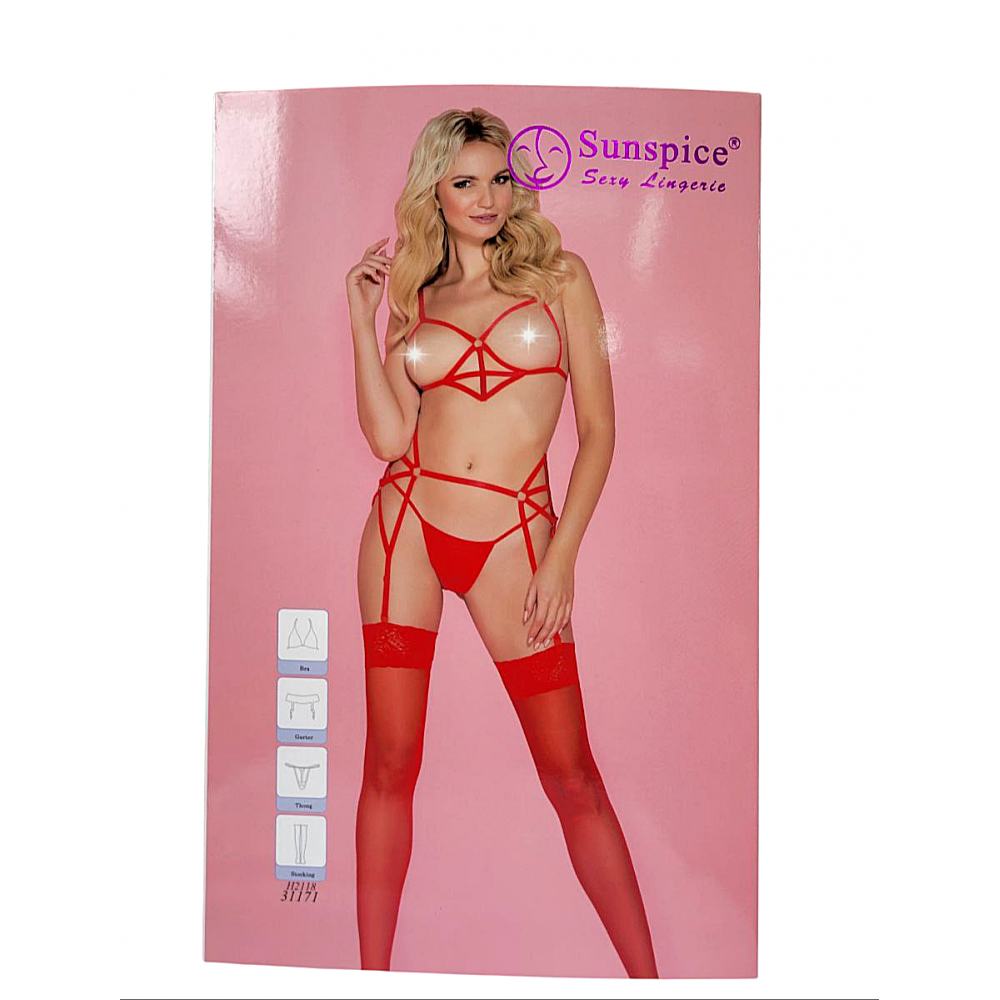 Різне - Комплект контурної червоної білизни Sunspice бра (відкритий доступ) та панчохи з поясом, S/M 2