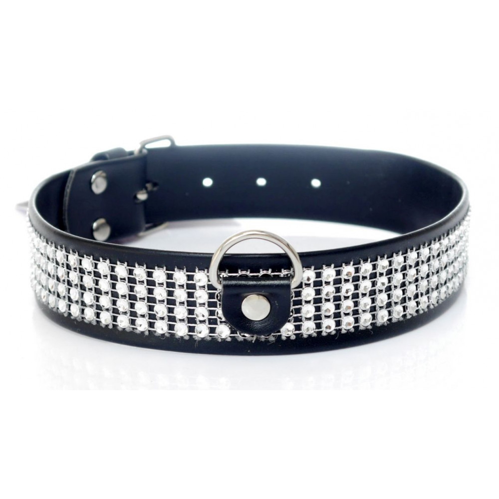 Різне - Нашийник зі штучної шкіри з кристалами Fetish Boss Series - Collar with crystals Silver, BS3300101
