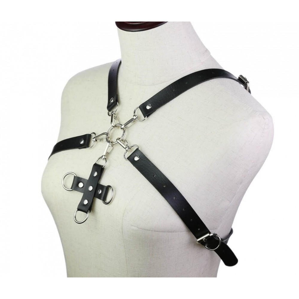 Электростимуляторы - Портупея из искусственной кожи с фиксатором Women's PU Leather Chest Harness Caged Bra GREY 3
