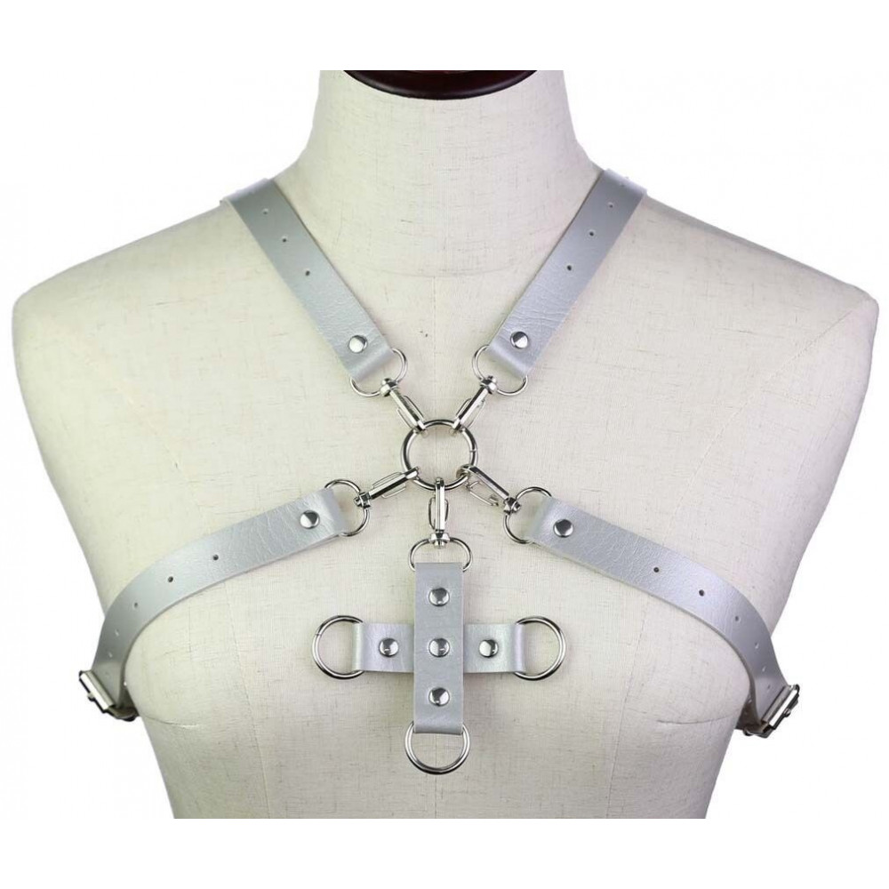 Электростимуляторы - Портупея из искусственной кожи с фиксатором Women's PU Leather Chest Harness Caged Bra GREY