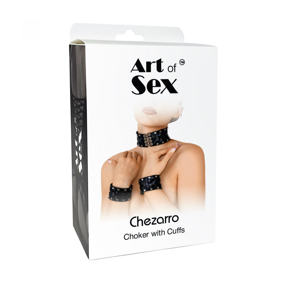 Чокеры, портупеи - Кожаный чокер с манжетами Art of Sex - Leather Chezarro 2