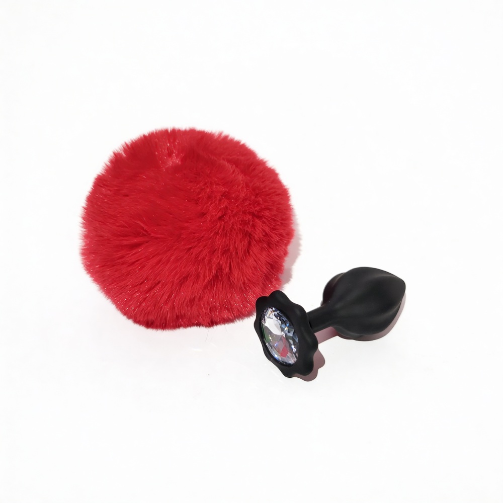 Анальные игрушки без вибрации - Анальная пробка рельефная ALUME, S, черная с красным пушком и сменным прозрачным камнем, 7 х 2,8 см 10