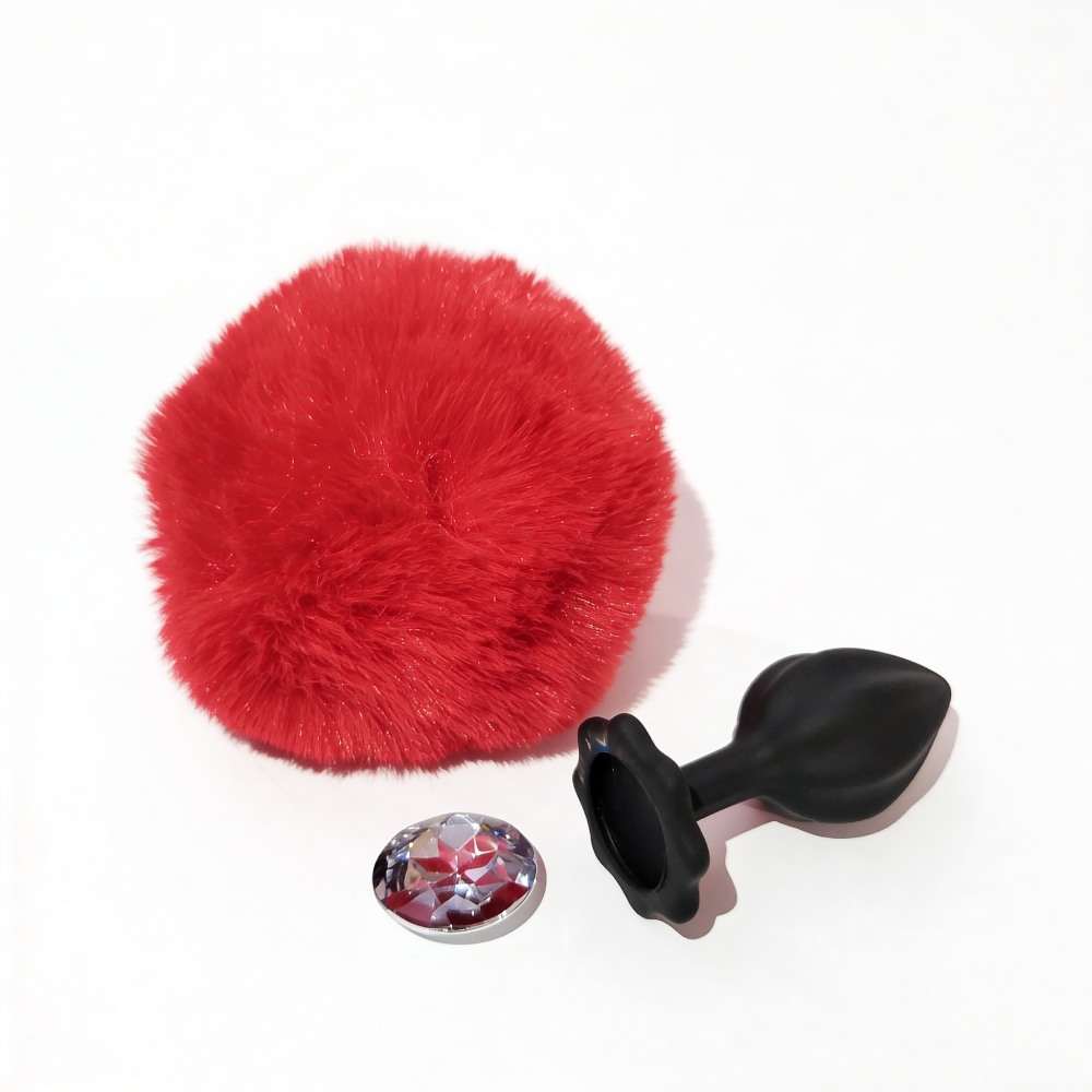 Анальные игрушки без вибрации - Анальная пробка рельефная ALUME, S, черная с красным пушком и сменным прозрачным камнем, 7 х 2,8 см 1