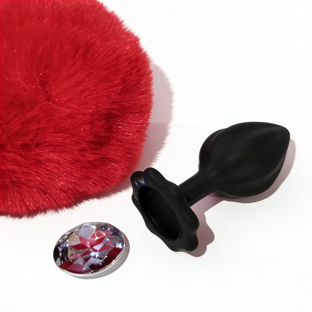 Анальные игрушки без вибрации - Анальная пробка рельефная ALUME, S, черная с красным пушком и сменным прозрачным камнем, 7 х 2,8 см 2