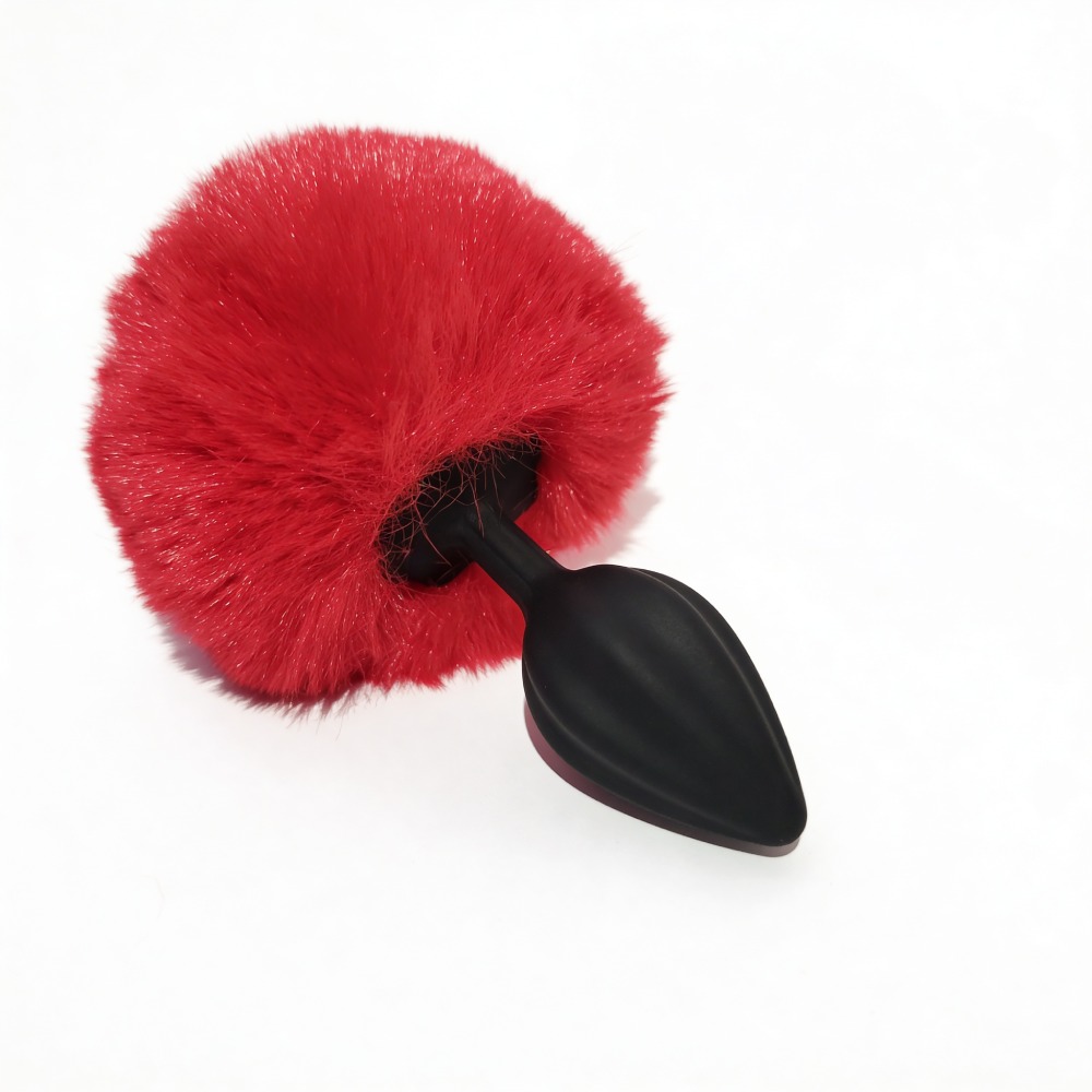 Анальные игрушки без вибрации - Анальная пробка рельефная ALUME, S, черная с красным пушком и сменным прозрачным камнем, 7 х 2,8 см 4