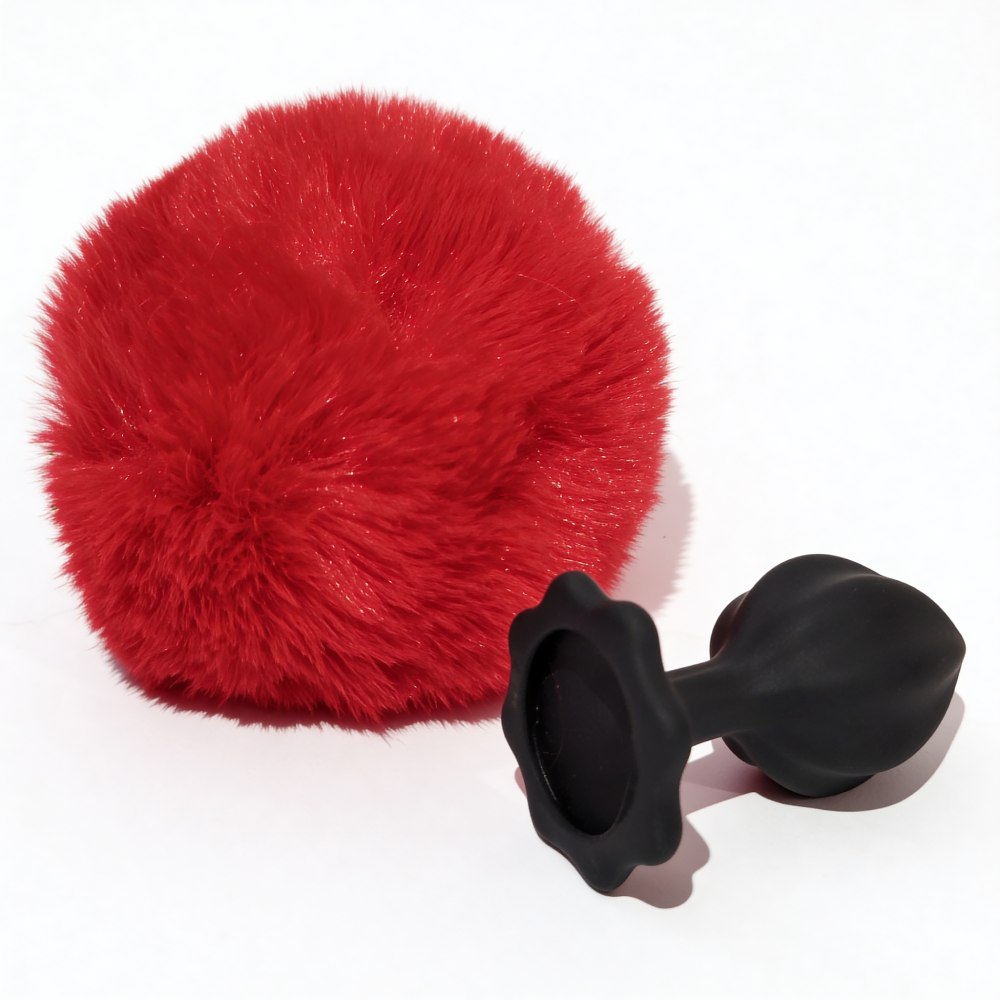 Анальные игрушки без вибрации - Анальная пробка рельефная ALUME, S, черная с красным пушком и сменным прозрачным камнем, 7 х 2,8 см 8