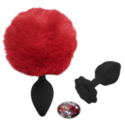 Анальная пробка рельефная ALUME, S, черная с красным пушком и сменным прозрачным камнем, 7 х 2,8 см