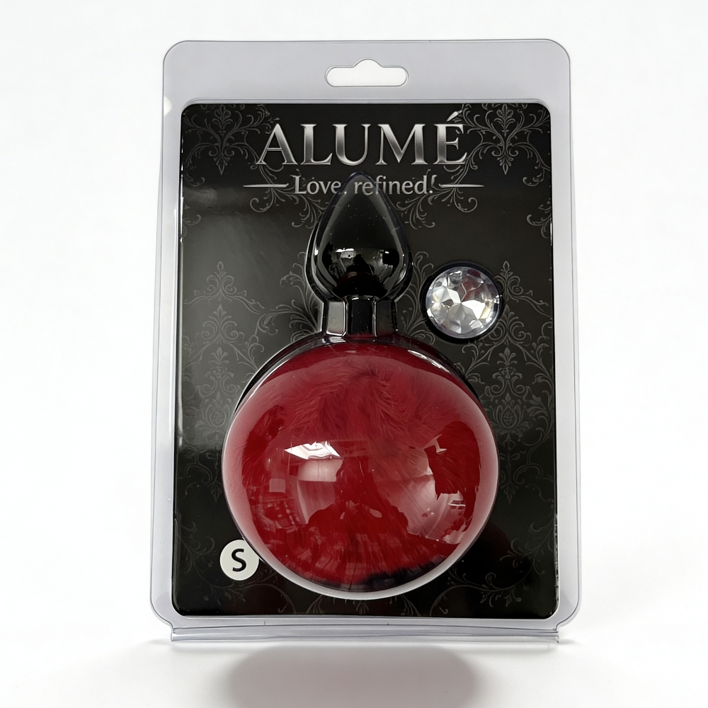 Анальные игрушки без вибрации - Анальная пробка рельефная ALUME, S, черная с красным пушком и сменным прозрачным камнем, 7 х 2,8 см 11