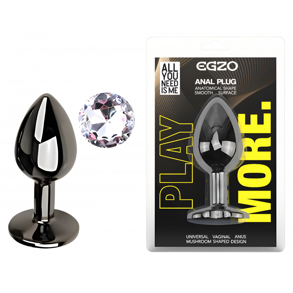 Анальные игрушки без вибрации - Анальная пробка с кристаллом EGZO - Dark Gray Round Plug Clear, size S